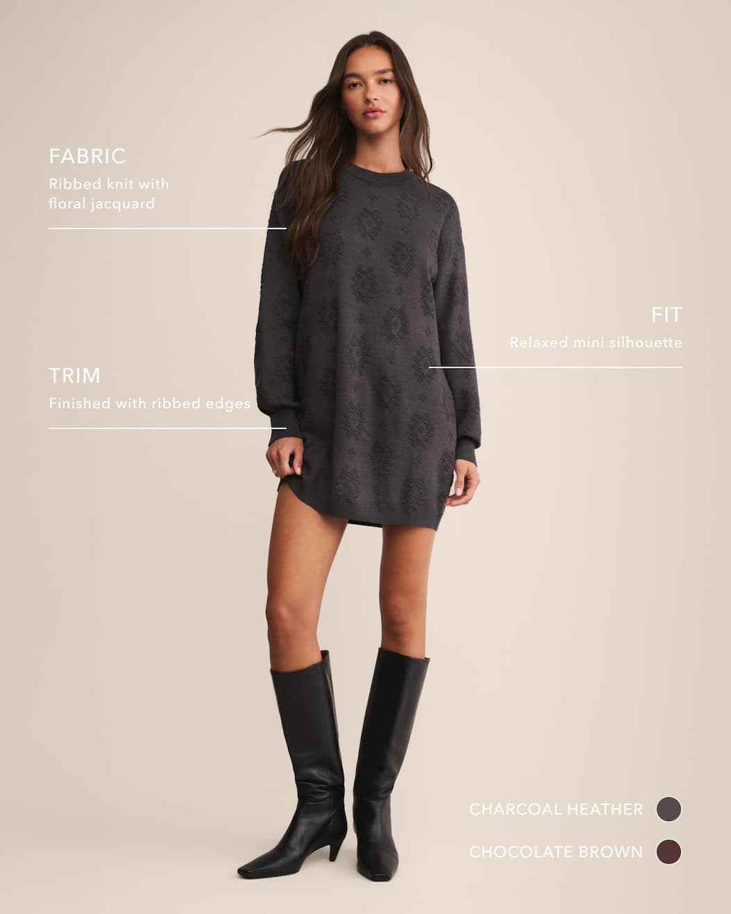 Fabric: Ribbed knit with floral jacquard. Fit: Relaxed mini silhouette. Trim: Finished with ribbed edges. Available in Charcoal Heather and Chocolate Brown.