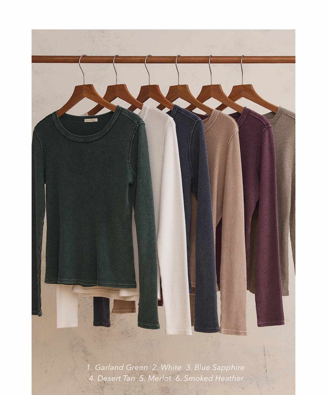 1. Garland Green | 2. White | 3. Blue Sapphire | 4. Desert Tan | 5. Merlot | 6. Smoked Heather