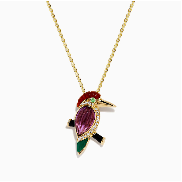14K Yellow Gold Multi Gemstone and Diamond Woodpecker Pendant