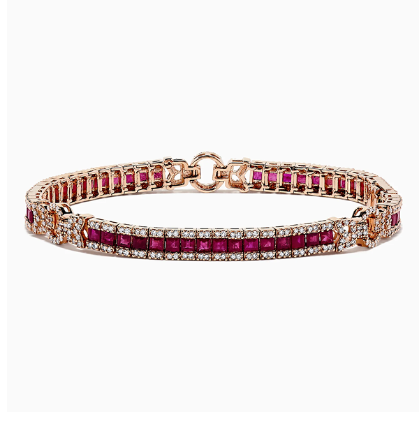 Ruby Royale 14K Rose Gold Princess Cut Ruby and Diamond Tennis Bracelet, 7.66 TCW