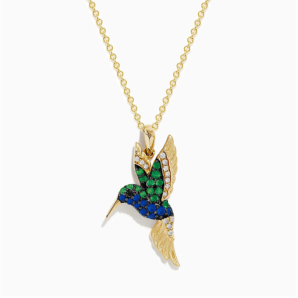 Safari 14k Yellow Gold Emerald and Sapphire Humming Bird Pendant