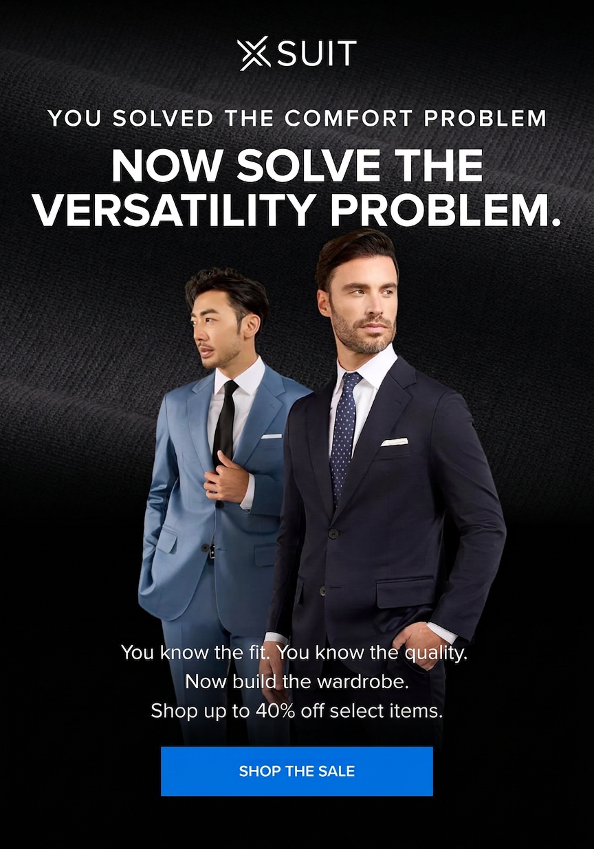 Two men in suits, promoting a sale on versatile clothing with a discount.