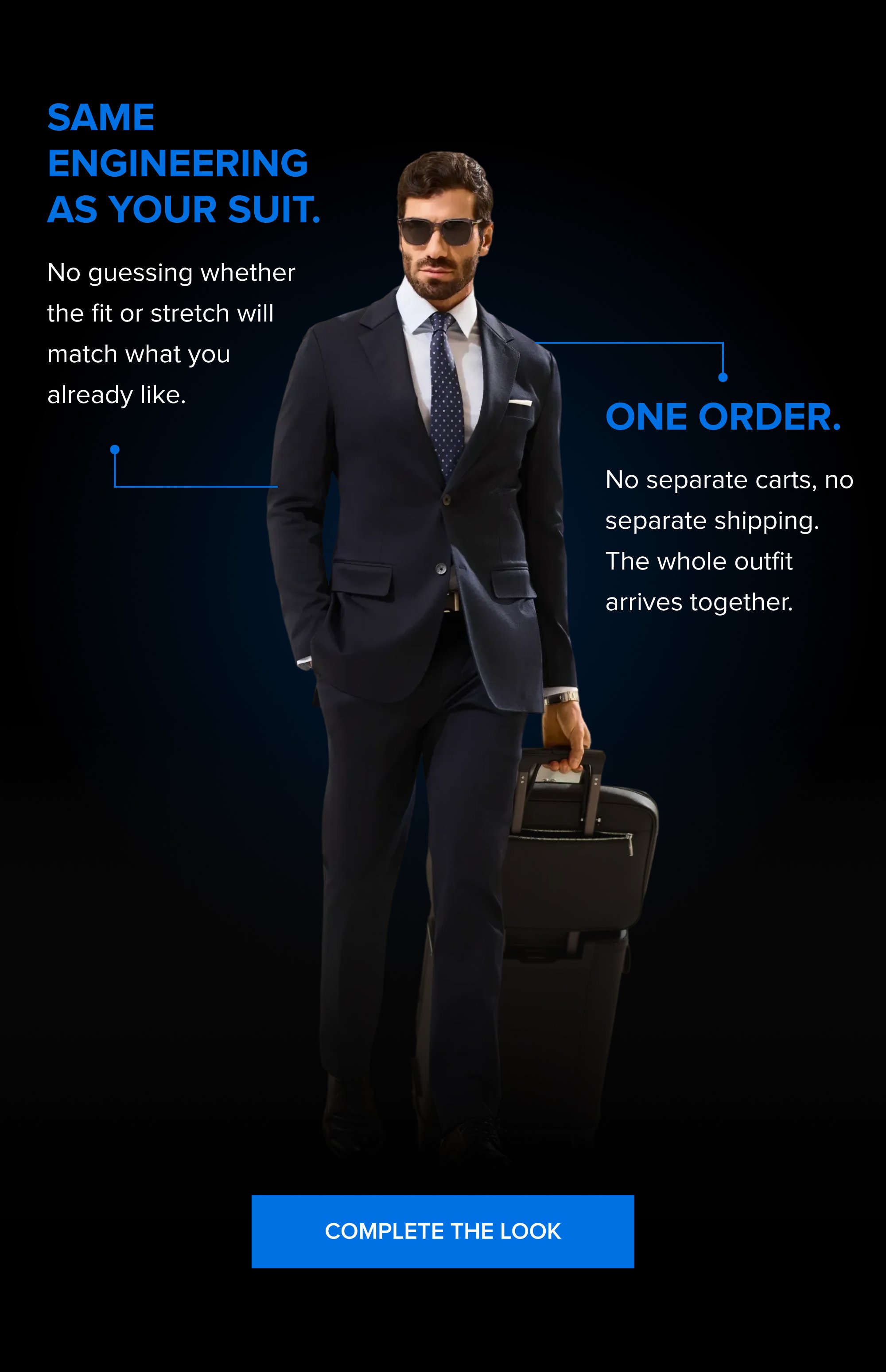 Same engineering as your suit. No guessing whether the fit or stretch will match what you already like. One order. No separate carts, no separate shipping. The whole outfit arrives together. Complete the Look