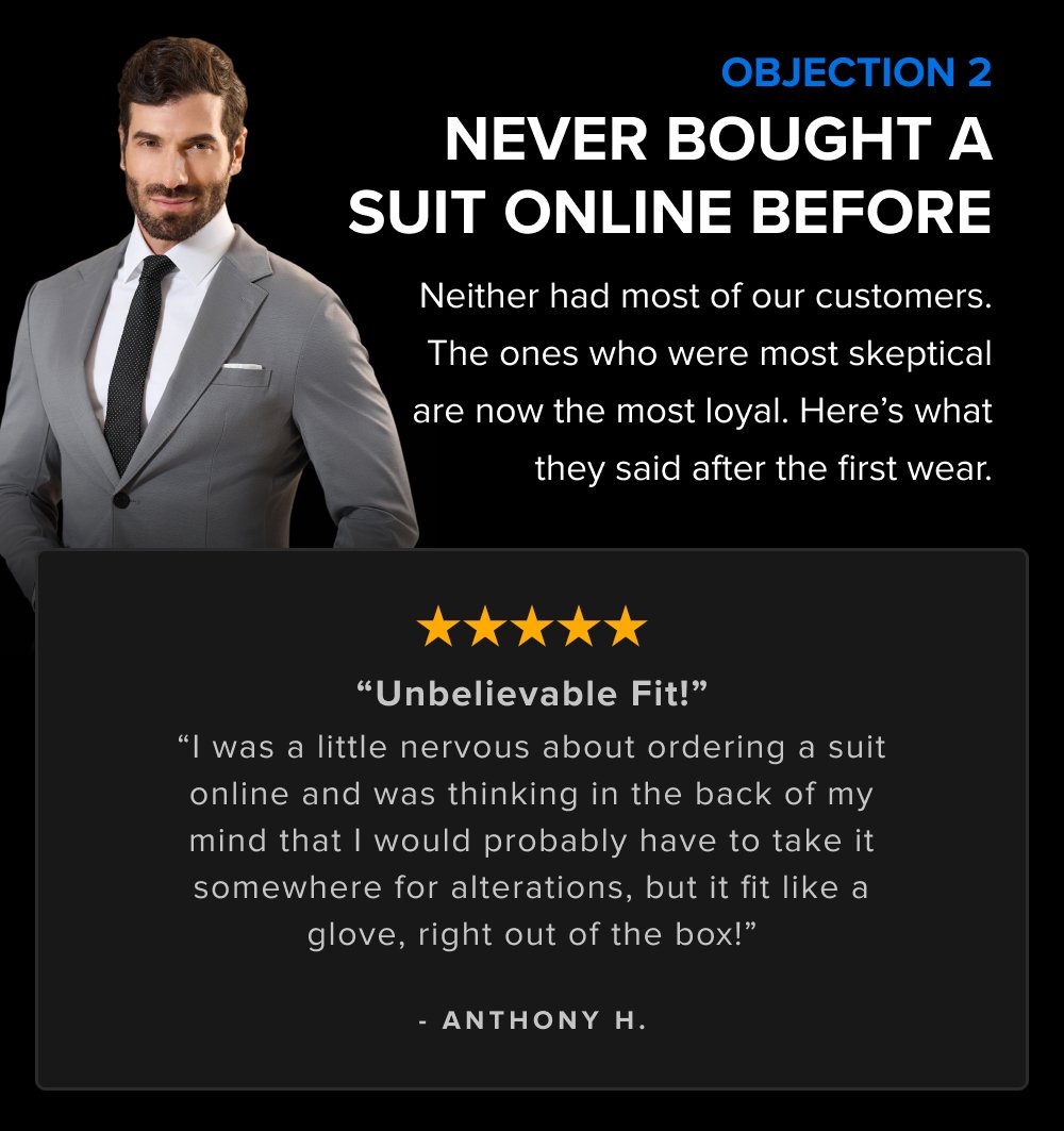 OBJECTION 2 NEVER BOUGHT A SUIT ONLINE BEFORE Neither had most of our customers. The ones who were most skeptical are now the most loyal. Here’s what they said after the first wear. “Unbelievable Fit!” “I was a little nervous about ordering a suit online and was thinking in the back of my mind that I would probably have to take it somewhere for alterations, but it fit like a glove, right out of the box!” - ANTHONY H.