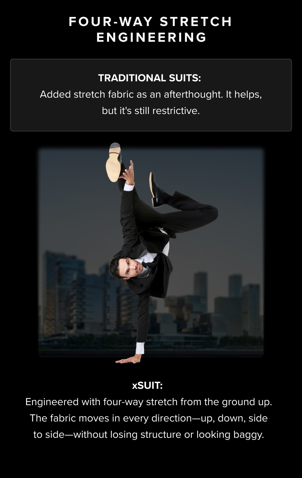 Four-Way Stretch Engineering Traditional suits: Added stretch fabric as an afterthought. It helps, but it's still restrictive. xSuit: Engineered...