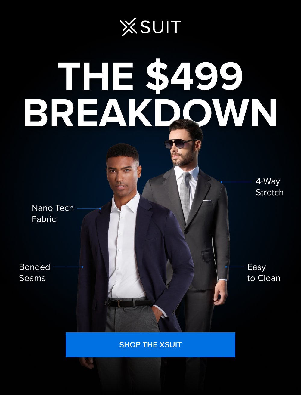 The $499 Breakdown 4-Way Stretch Nano Tech Fabric Bonded Seams Easy to Clean SHOP THE XSUIT