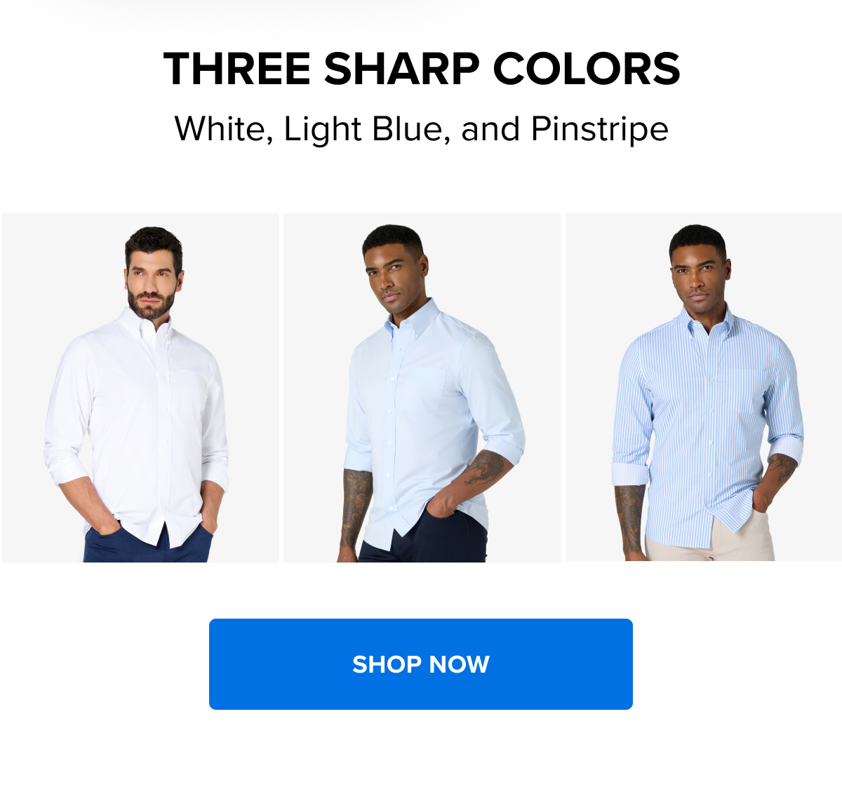 Three sharp colors White, Light Blue, and Pinstripe