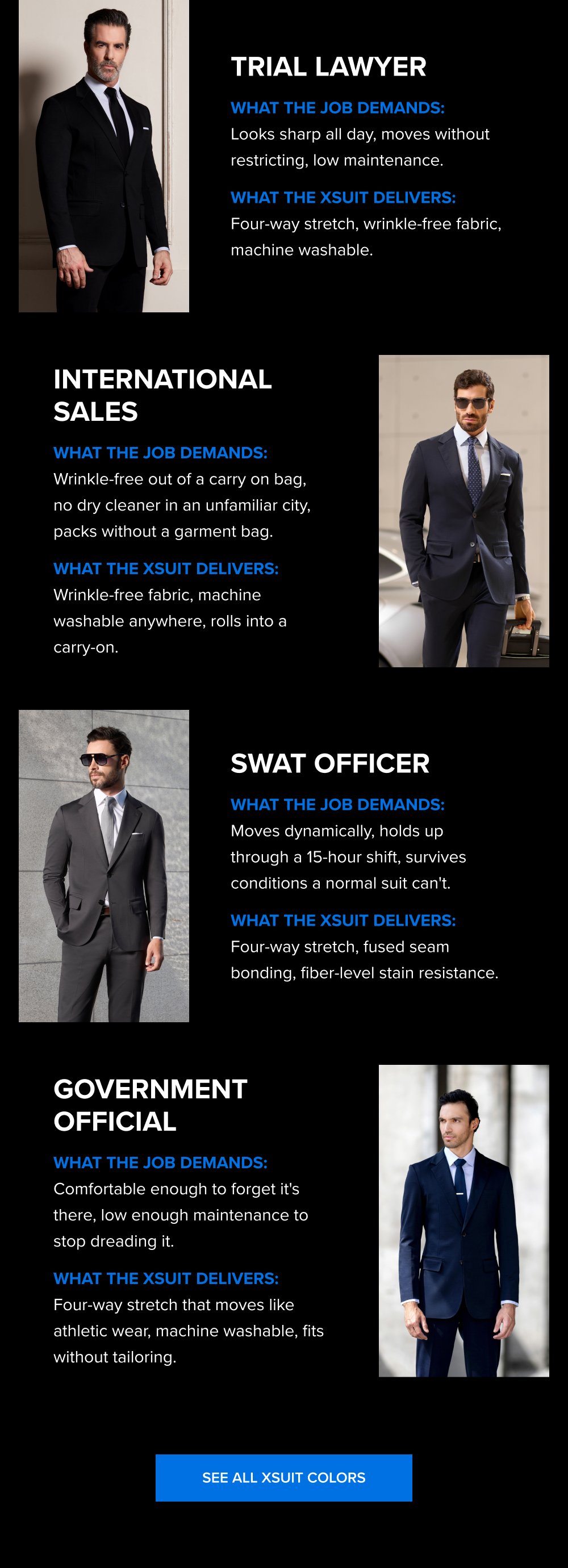 Trial Lawyer What the job demands: Looks sharp all day, moves without restricting, low maintenance. What the xSuit delivers: Four-way stretch, wrinkle-free fabric, machine washable. International Sales What the job demands: Wrinkle-free out of a carry on bag, no dry cleaner in an unfamiliar city, packs without a garment bag. What the xSuit delivers: Wrinkle-free fabric, machine washable anywhere, rolls into a carry-on. SWAT Officer What the job demands: Moves dynamically, holds up through a 15-hour shift, survives conditions a normal suit can't. What the xSuit delivers: Four-way stretch, fused seam bonding, fiber-level stain resistance. Government Official What the job demands: Comfortable enough to forget it's there, low enough maintenance to stop dreading it. What the xSuit delivers: Four-way stretch that moves like athletic wear, machine washable, fits without tailoring. SEE ALL XSUIT COLORS