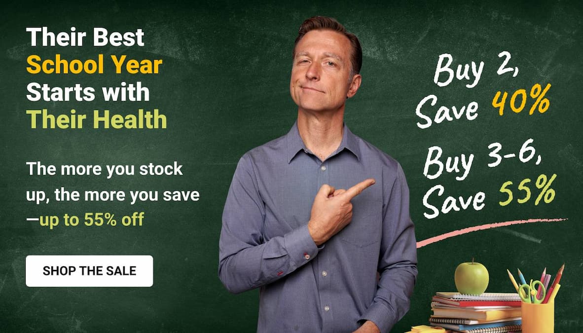 Dr. Berg gives a thumbs-up beside a backpack and fresh vegetables. Text reads, “School Season Essentials. Everyday support for the season ahead. Get Prepared.