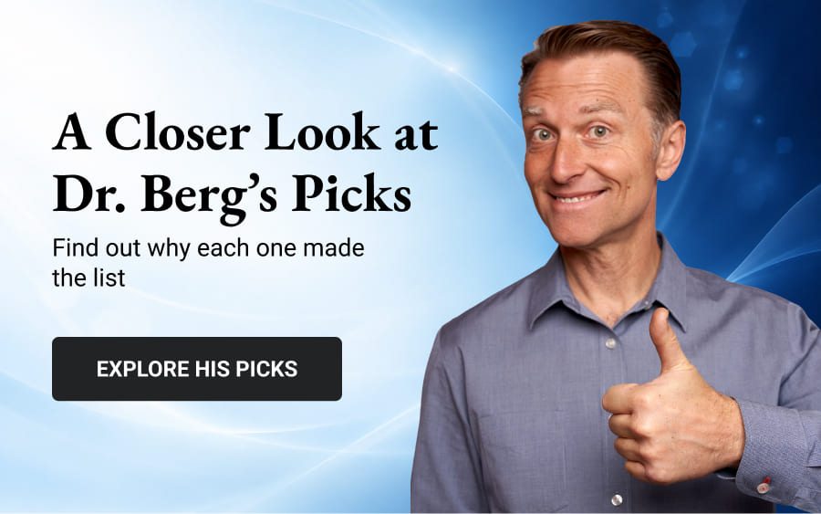 Dr. Berg smiles and gives a thumbs-up beside text inviting readers to explore his supplement picks.
