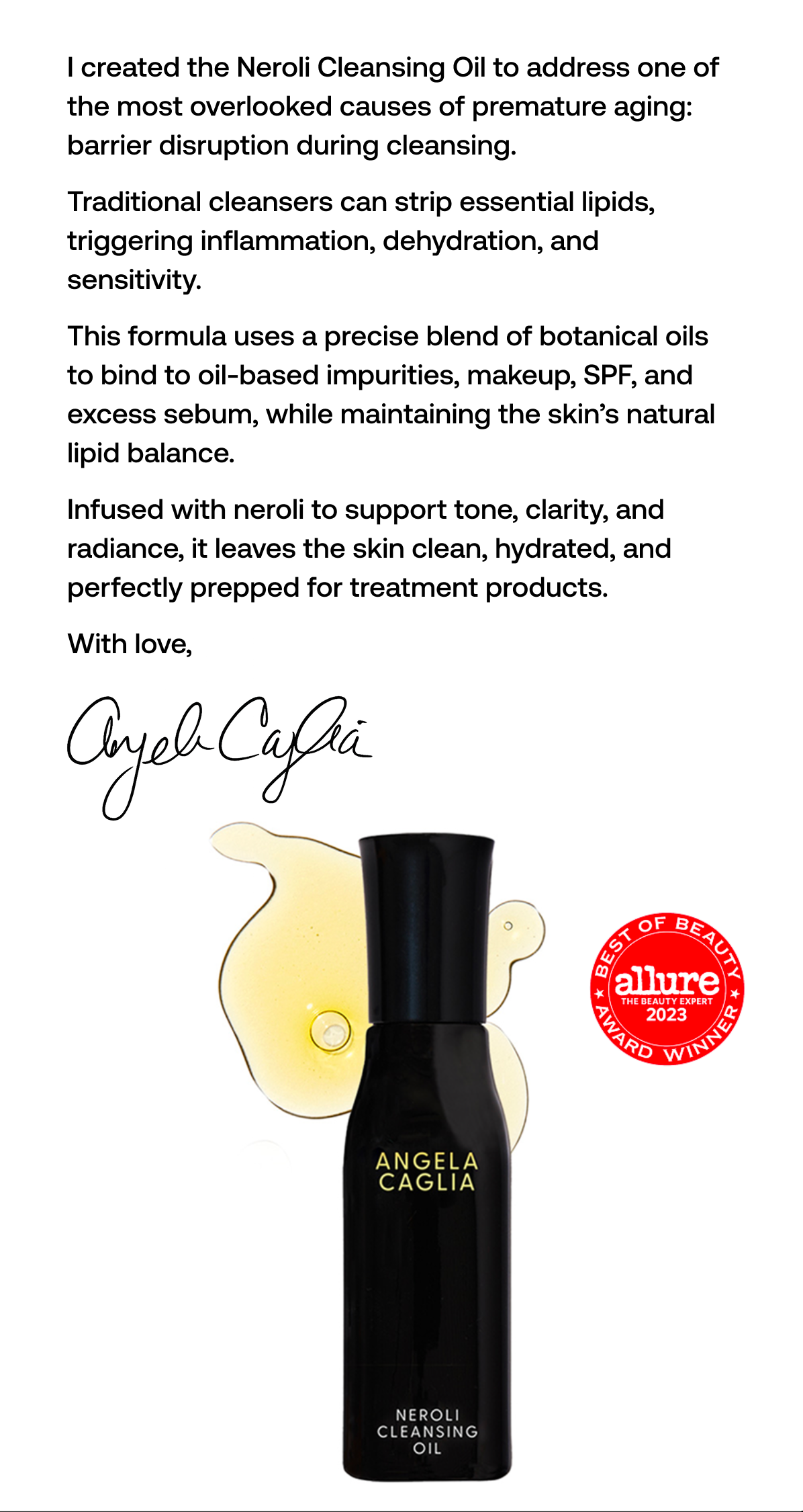 Neroli Cleansing Oil with a note from Angela Caglia and Allure Best of Beauty seal.