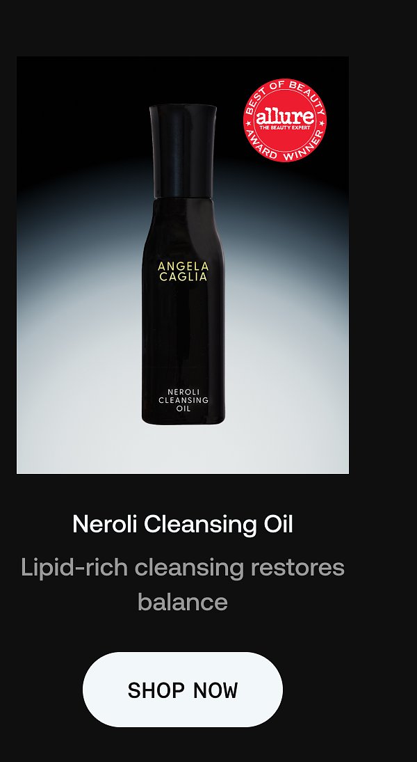 Neroli cleansing oil bottle with text about restoring balance.