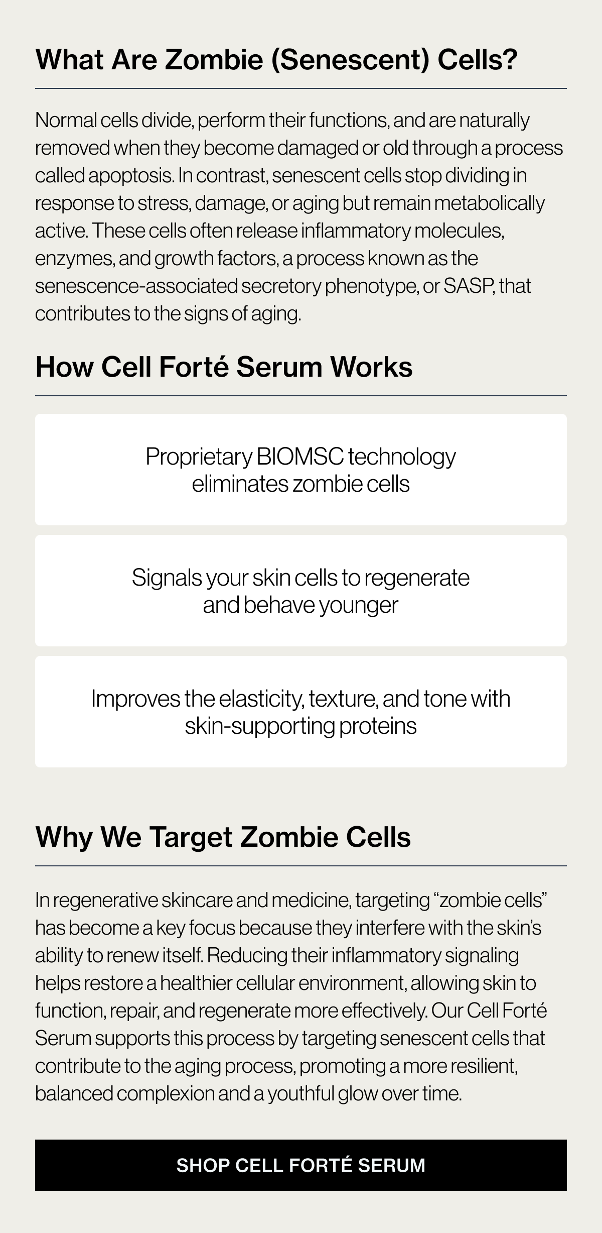What Are Zombie (Senescent) Cells? - How Cell Forté Serum Works - Why We Target Zombie Cells - SHOP THE CELL FORTÉ SERUM