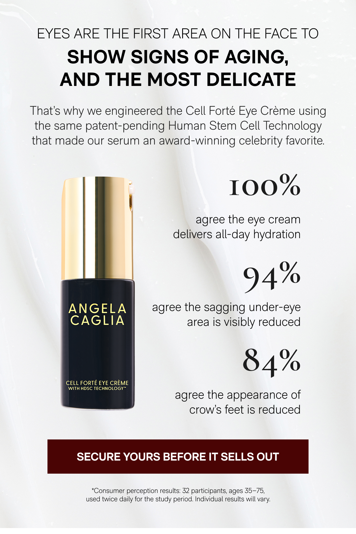 Eyes Are The First Area On The Face To Show Signs Of Aging, And The Most Delicate - That's why we engineered the Cell Forté Eye Crème using the same patent-pending Human Stem Cell Technology that made our serum an award-winning celebrity favorite. - 100% agree the eye cream delivers all-day hydration - 94% agree the sagging under-eye area is visibly reduced - 84% agree the appearance of crow's feet is reduced - SECURE YOURS BEFORE IT SELLS OUT