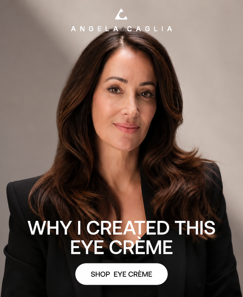 Angela Caglia wearing a black blazer promoting Eye Crème in a studio portrait.
