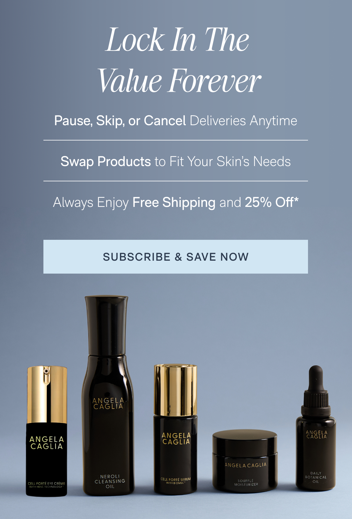 Lock In The Value Forever - Pause, Skip, or Cancel Deliveries Anytime - Swap Products to Fit Your Skin's Needs - Always Enjoy Free Shipping and 25% Off* - SUBSCRIBE & SAVE NOW