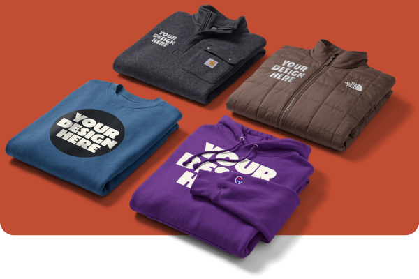 A collection of sweats and outerwear including a crewneck sweatshirt, a hoodie, a Carhartt fleece, and a North Face jacket.