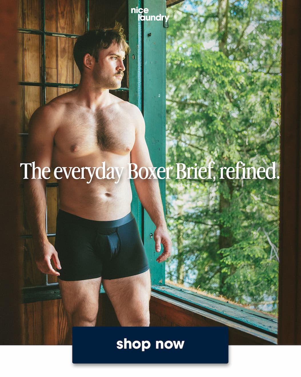 Shirtless man wearing black boxer briefs standing by open window looking out to forest. Text on image is "the everyday boxer brief refined"