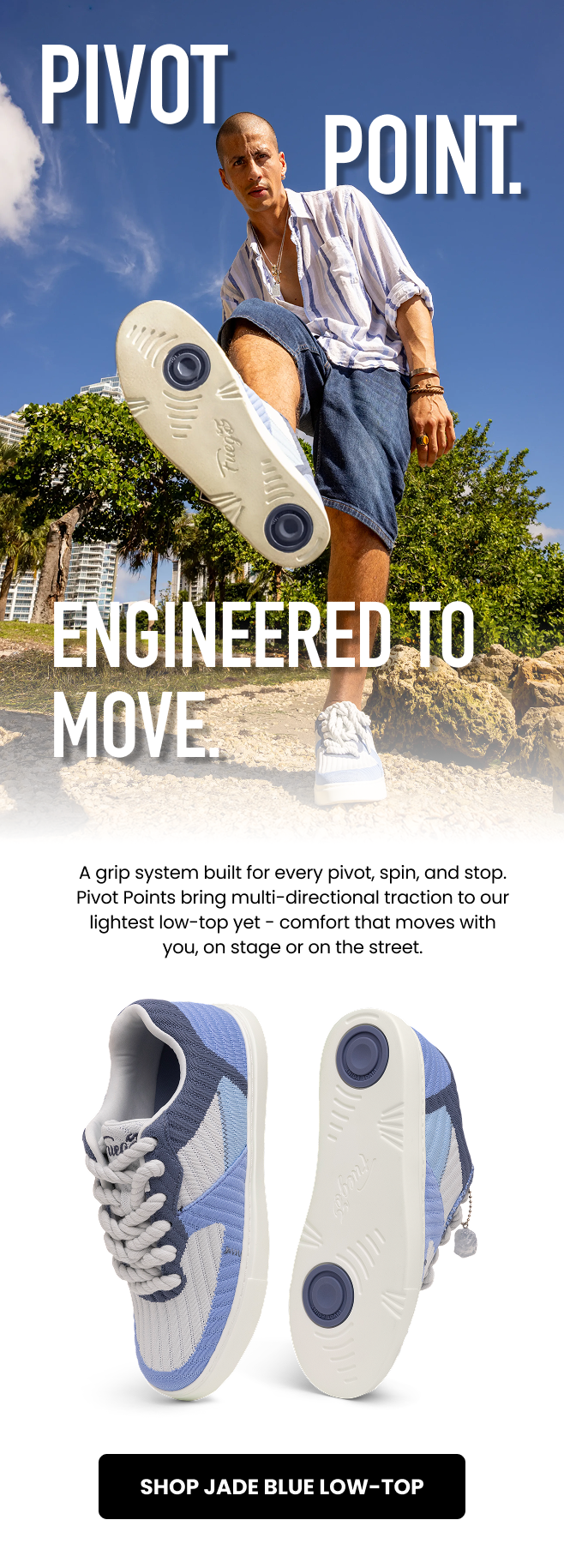 Pivot low-top sneaker with blue-and-white detailing, shown on a model and in product views.