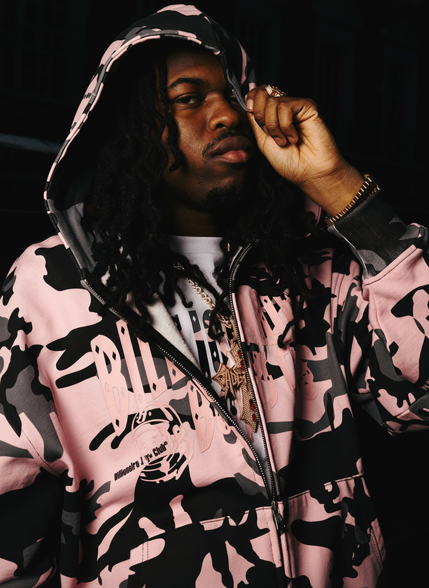 Man in pink camouflage hoodie with gold chain and rings.