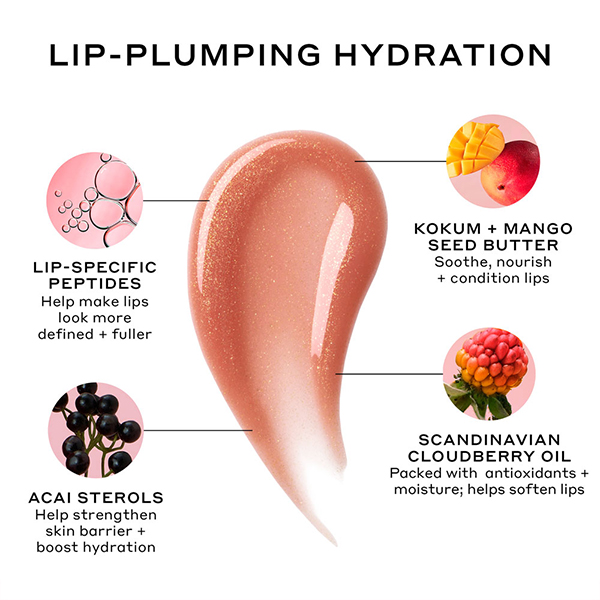 LIP-PLUMPING HYDRATION LIP-SPECIFIC PEPTIDES Help make lips look more defined + fuller KOKUM + MANGO SEED BUTTER Soothe, nourish + condition lips ACAI STEROLS Help strengthen skin barrier + boost hydration SCANDINAVIAN CLOUDBERRY OIL Packed with antioxidants + moisture; helps soften lips