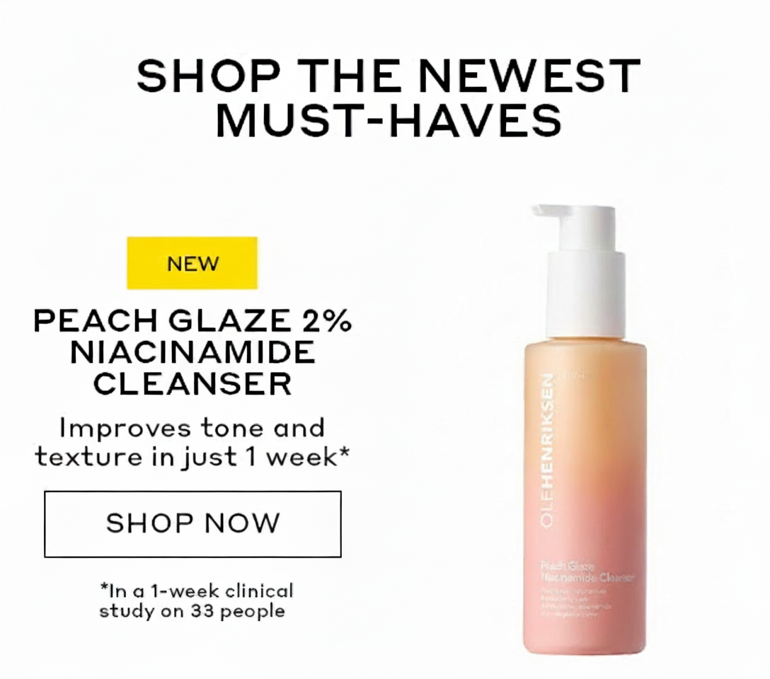 Ole Henriksen Peach Glaze Niacinamide Cleanser with "Shop Now" button.