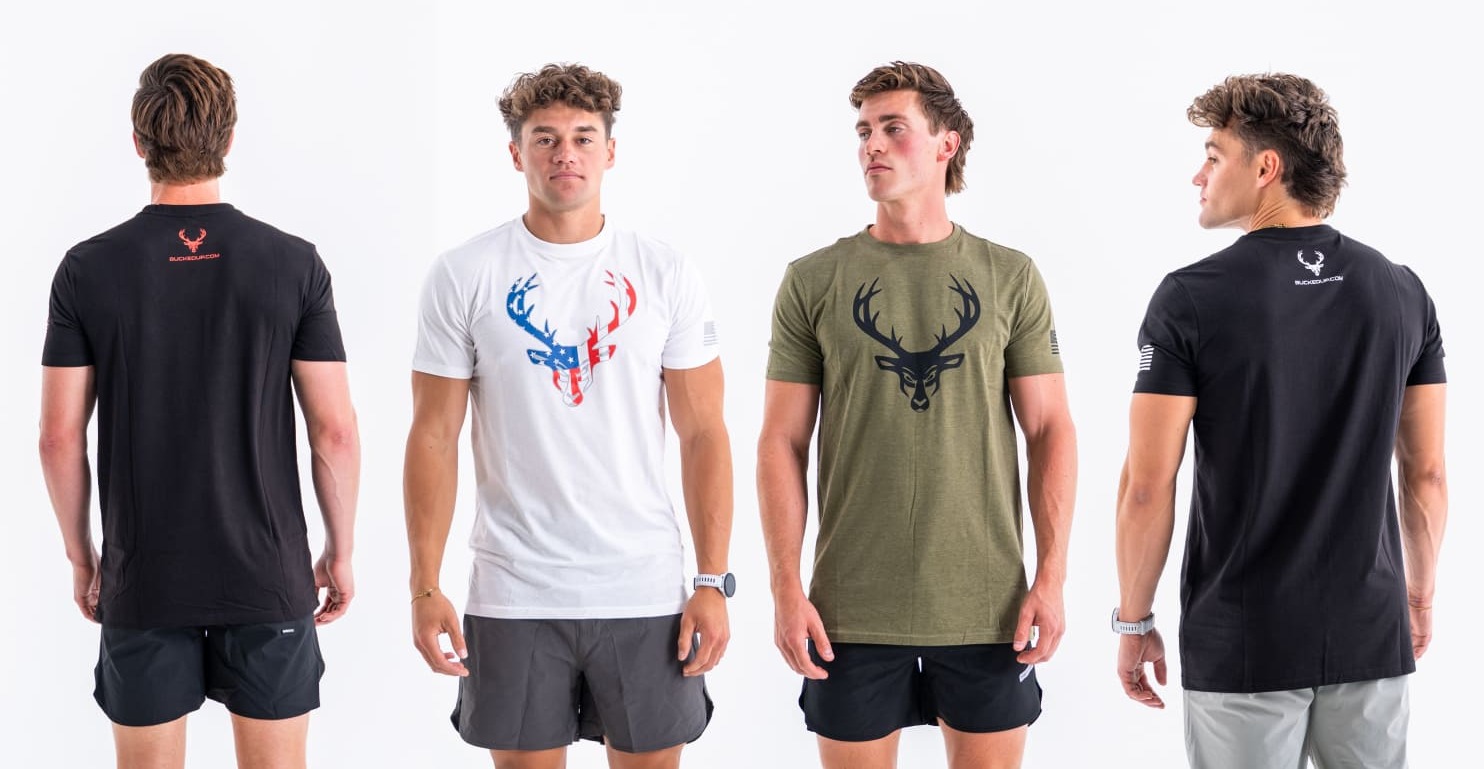 Five views of the Bucked Up Flag Tee in white, olive, and black colorways featuring the Bucked Up buck logo and American flag sleeve detail