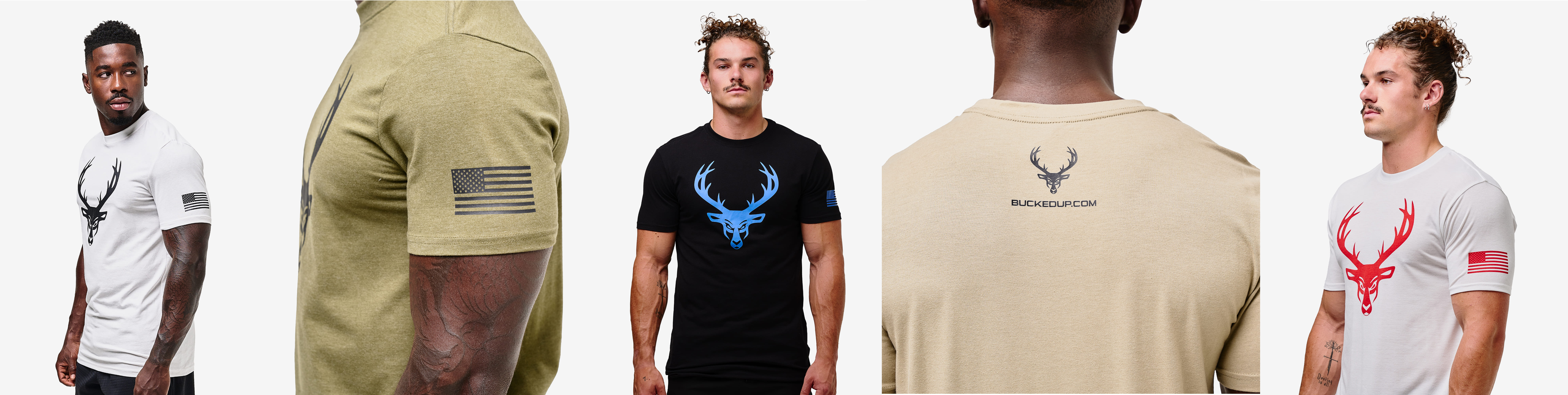 Five views of the Bucked Up Flag Tee in white, olive, and black colorways featuring the Bucked Up buck logo and American flag sleeve detail