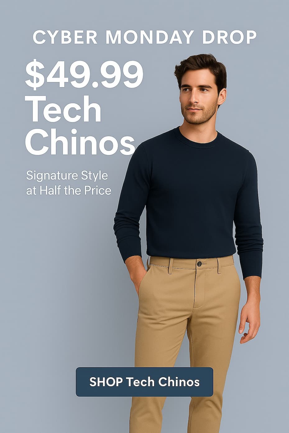 an image of a man in a beige sweater and blue pants