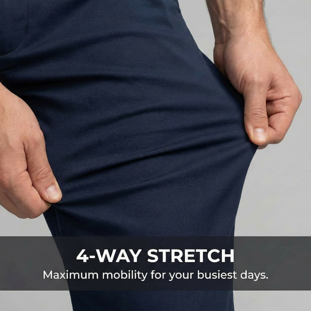 an image of a man in a blue shirt and black pants