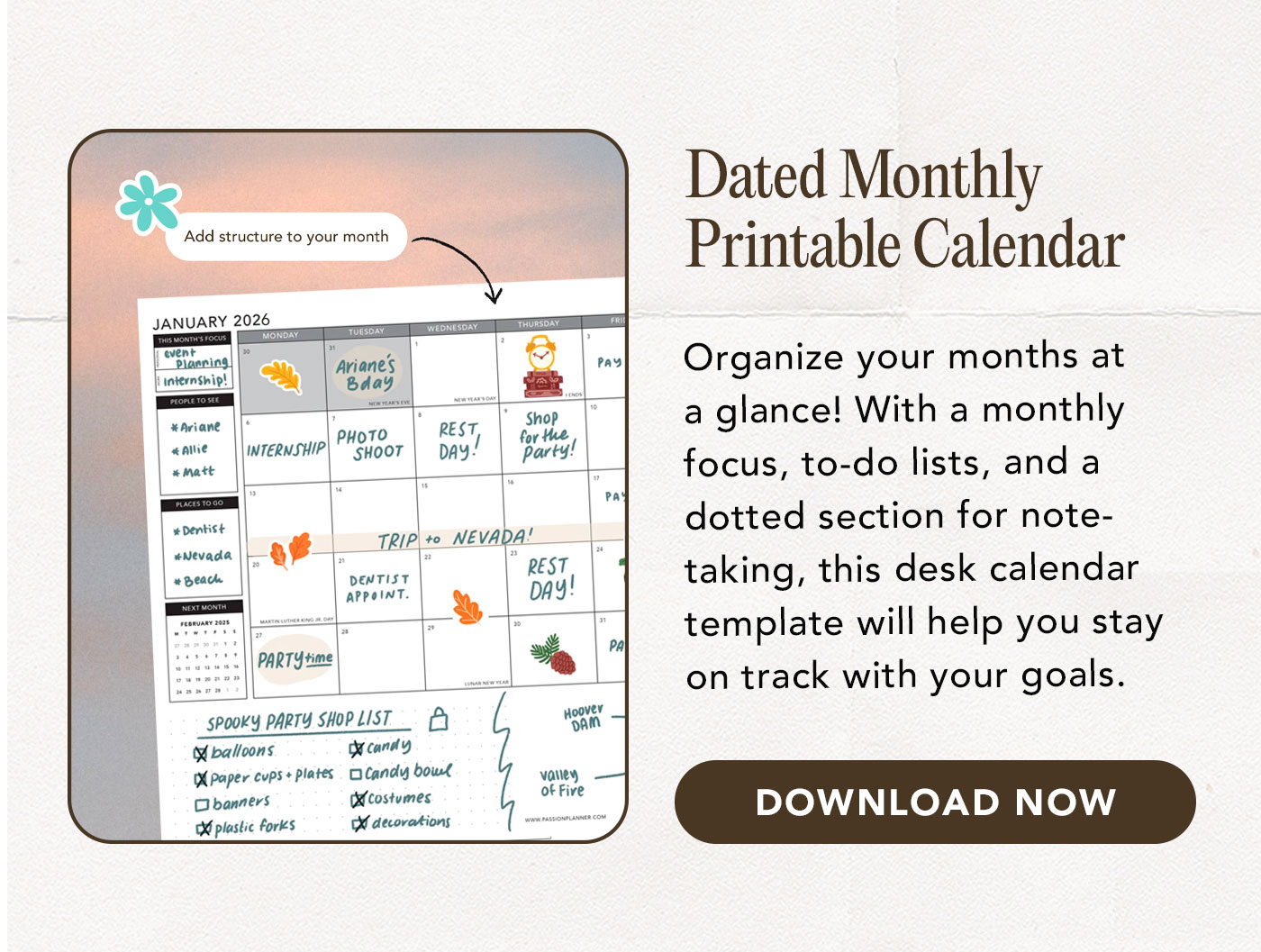 Dated Monthly Printable Calendar