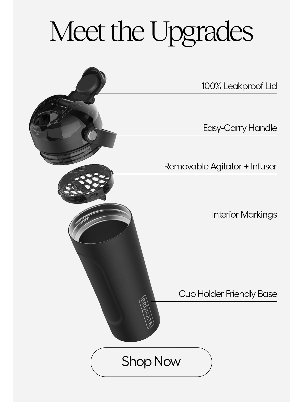 Meet The Upgrades: 100% Leakproof Lid, Easy-Carry Hande, Removable Agitator + Infuser, Interior Markings, Cup Holder Friendly Base