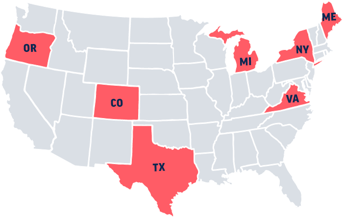 Map highlighting Colorado, Maine, Michigan, New York, Oregon, Texas, and Virginia