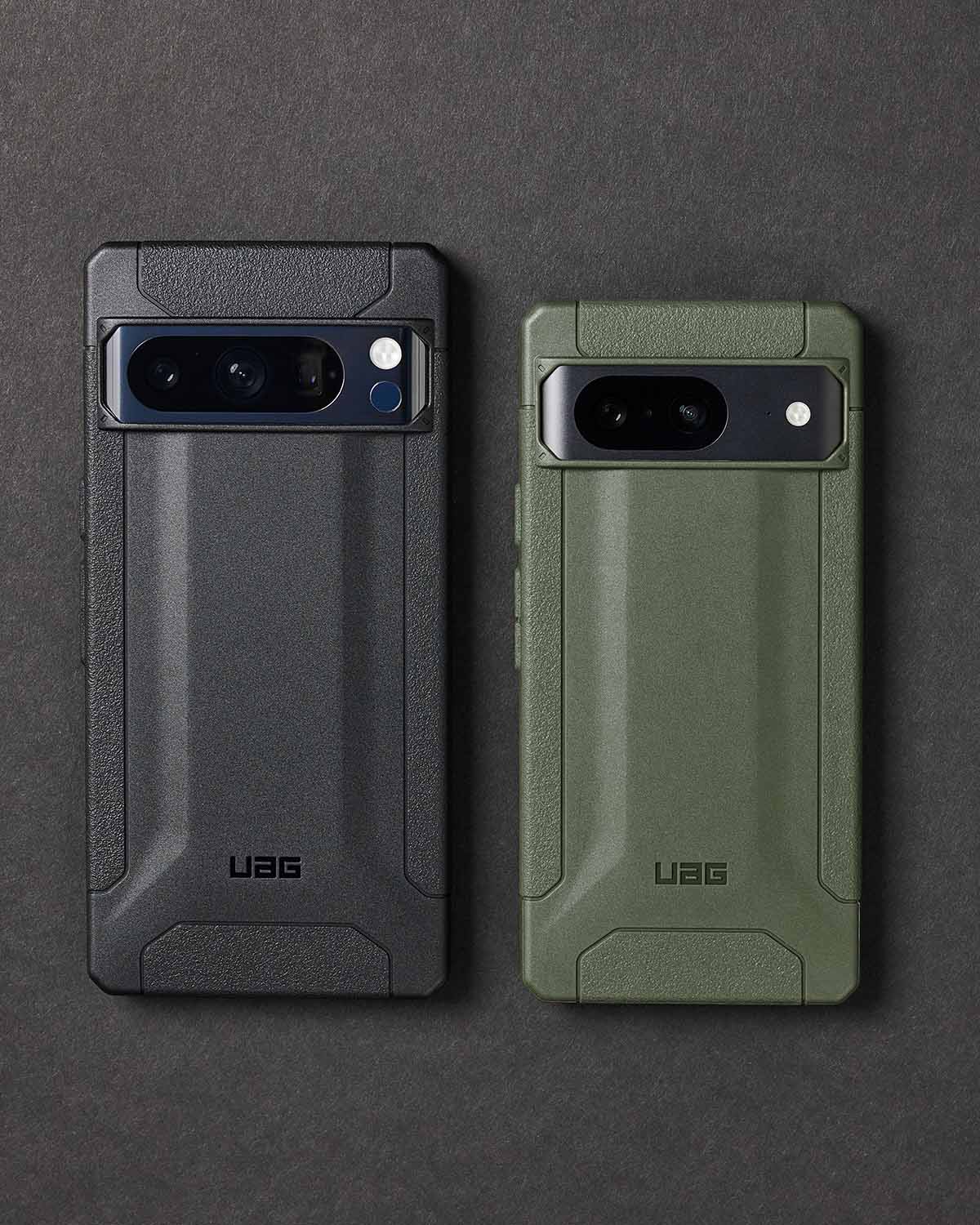 SIDE BY SIDE OF PIXEL 8 PRO IN UAG SCOUT CASE IN GREEN AND BLACK
