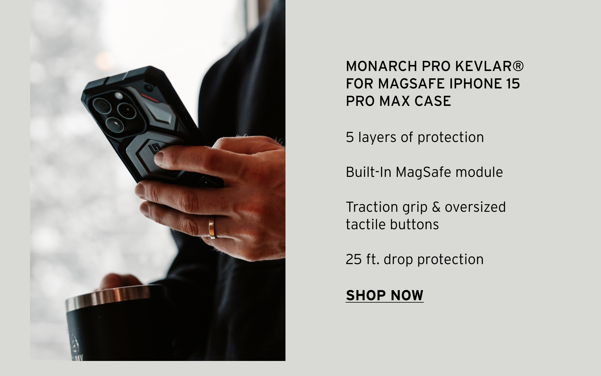 MAN HOLDING MONARCH PRO KEVLAR® FOR MAGSAFE IPHONE 15 PRO MAX CASE
