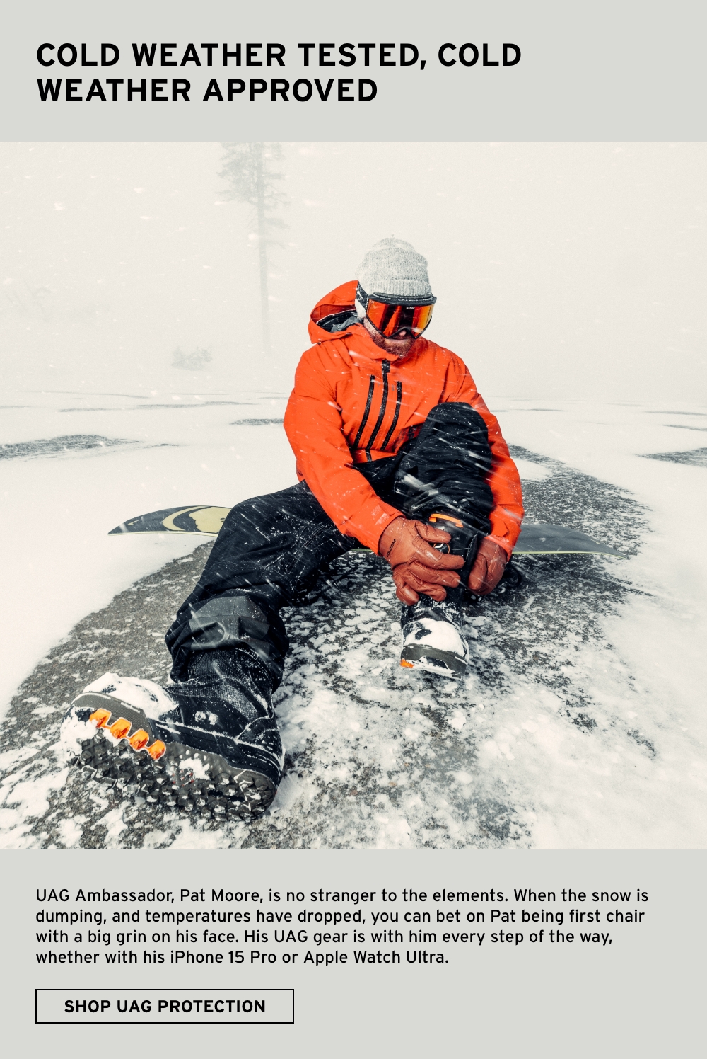 Pat Moore buckling his Snowboard Boots in the Snow