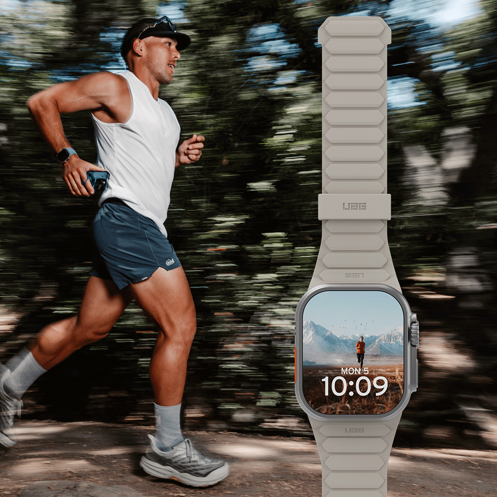 Man running with UAG Pathfinder Apple Watch Strap 