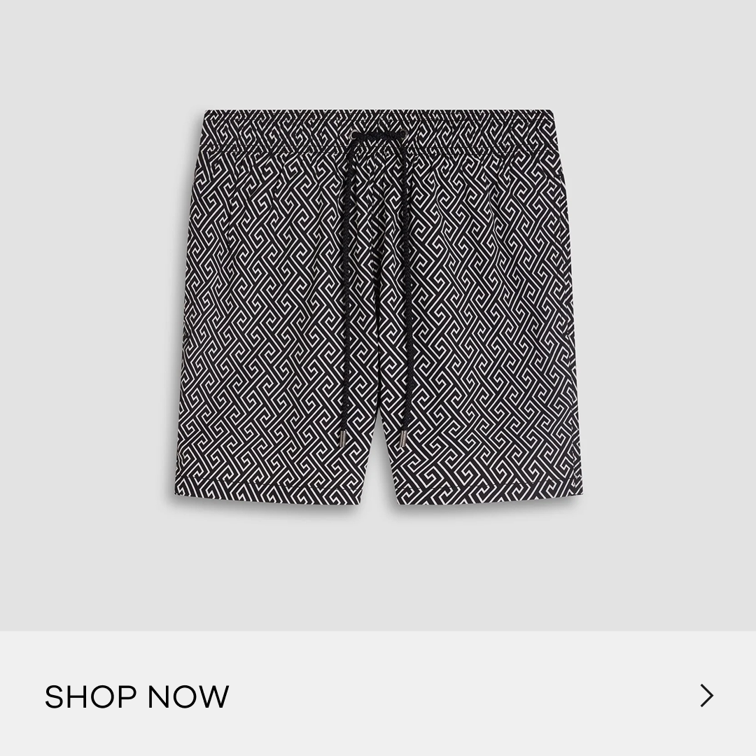 Cruz Shorter-Length Greek Key Swim Trunks