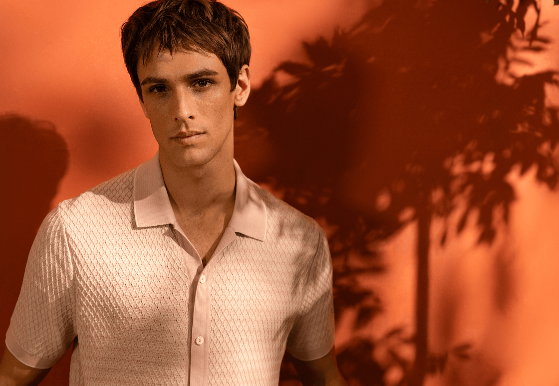 Two-Tone Honeycomb Button-Front Short-Sleeve Sweater