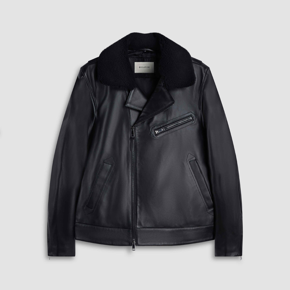 Leather Biker Jacket With Removable Shearling Collar