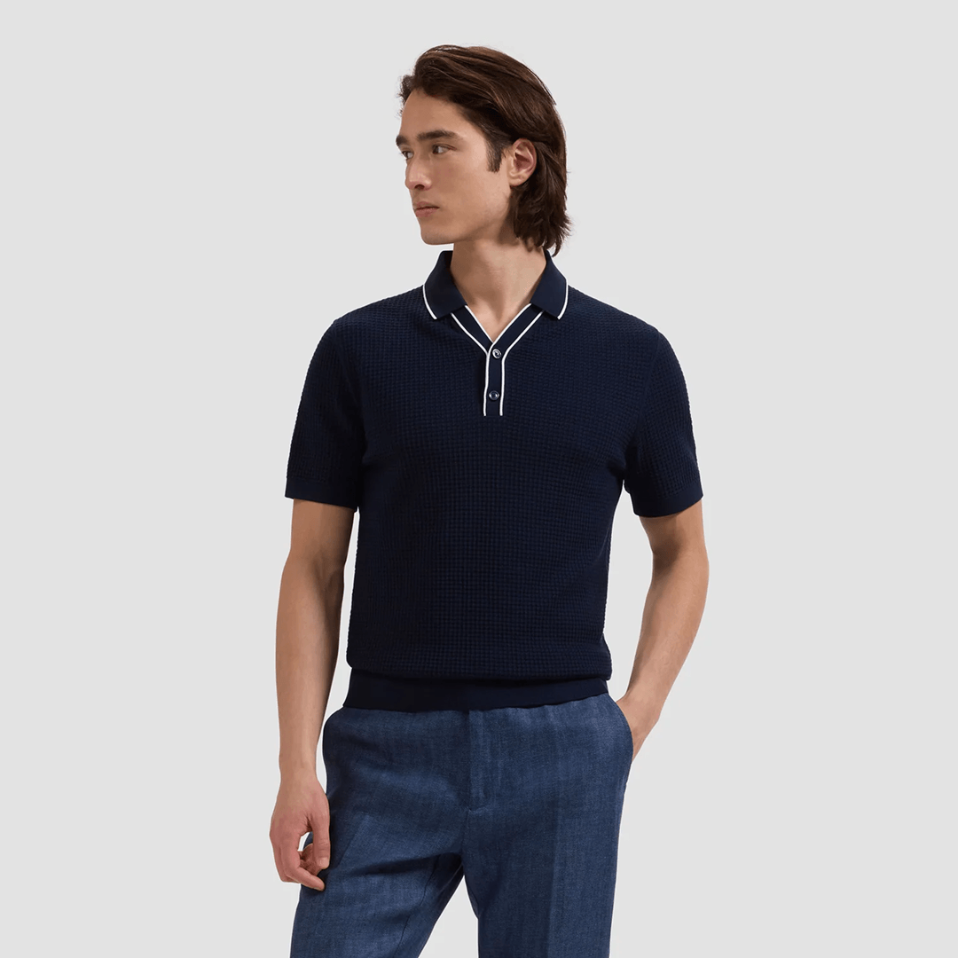Waffle Knit Johnny Collar Short-Sleeve Sweater