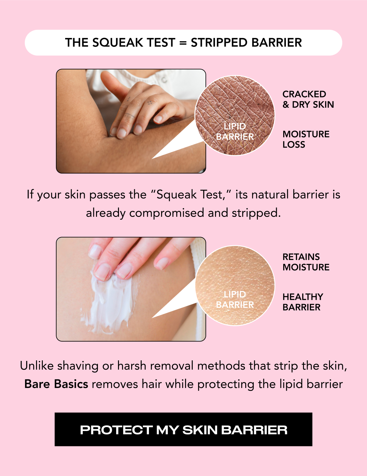 If your skin passes the Squeak Test, your barrier is already stripped.  Unlike shaving or harsh removal methods that strip the skin, Bare Basics Hair Removal Cream removes hair without stripping your skin's barrier.