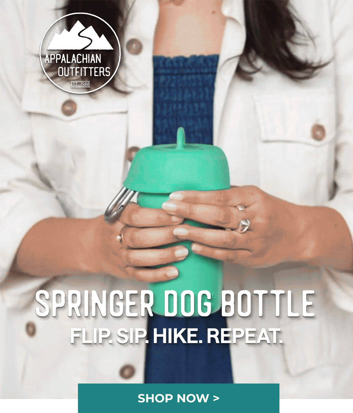 Springer Dog Bottle Flip. Sip. Hike. Repeat.