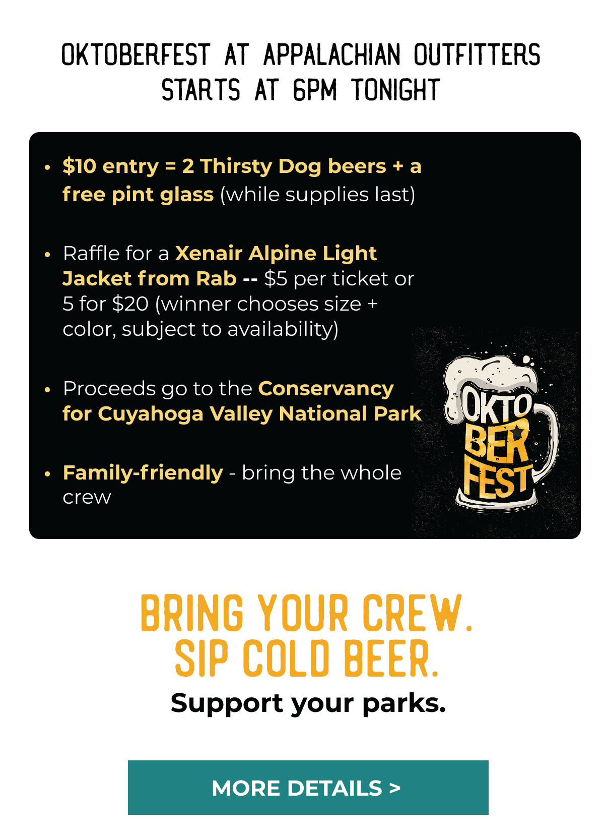 Oktoberfest Pint Night starts tomorrow at Appalachian Outfitters. 