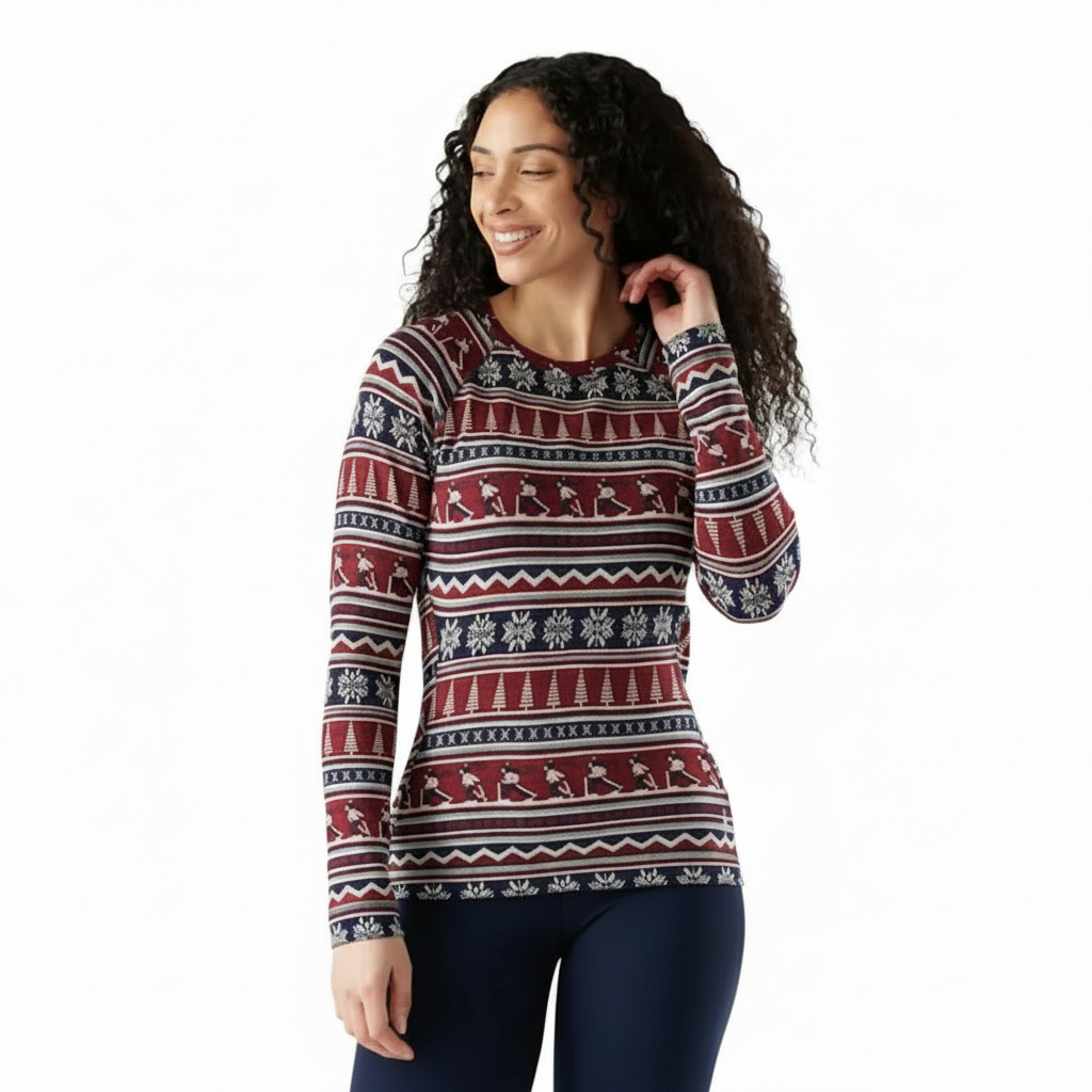 an image of a woman in a sweater and leggings smiling