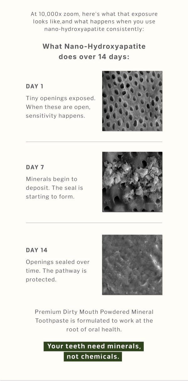 At 10,000x zoom, here's what that exposure looks like,and what happens when you use nano-hydroxyapatite consistently: What Nano-Hydroxyapatite does over 14 days:                Day 1: Tiny openings exposed. When these are open, sensitivity happens.                         Day 7: Minerals begin to deposit. The seal is starting to form.                     Day 14: Openings sealed over time. The pathway is protected.                Premium Dirty Mouth Powdered Mineral Toothpaste is formulated to work at the root of oral health              Your teeth need minerals, not chemicals. 