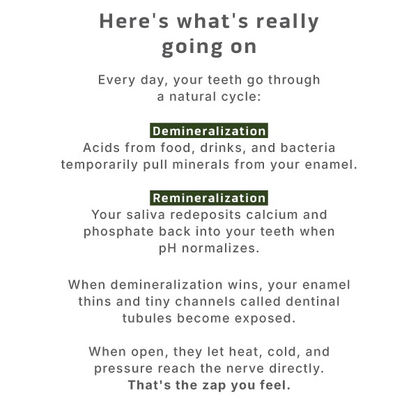 Here's what's really going on. Every day, your teeth go through a natural cycle: Demineralization – Acids from food, drinks, and bacteria temporarily pull minerals from your enamel. Remineralization – Your saliva redeposits calcium and phosphate back into your teeth when pH normalizes.           When demineralization wins, your enamel thins and tiny channels called dentinal tubules become exposed. When open, they let heat, cold, and pressure reach the nerve directly. That's the zap you feel.