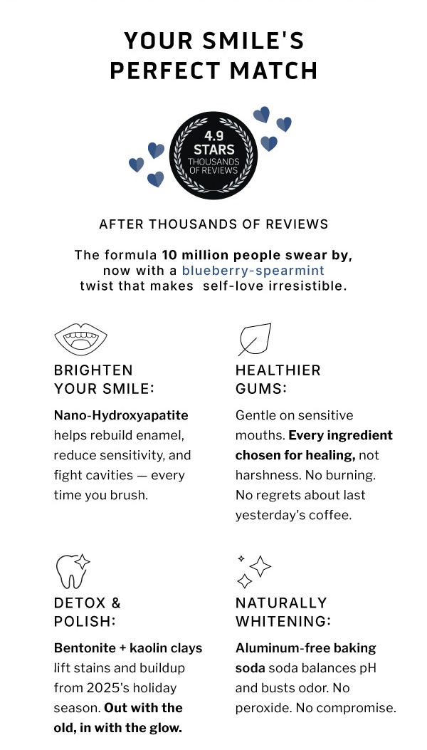 Your smile's perfect match. 4.9 stars thousands of reviews.         The same formula 10 million people swear by, now with a blueberry-spearmint twist that makes  self-love irresistible.                  Brighten Your Smile: Nano-Hydroxyapatite helps rebuild enamel, reduce sensitivity, and fight cavities every time you brush.                Healthier Gums: Gentle on sensitive mouths. Every ingredient chosen for healing, not harshness. No burning. No regrets about last night's coffee.                Detox & Polish: Bentonite + kaolin clays  lift stains and buildup from 2025's holiday season. Out with the old, in with the glow.              Naturally Whitening: Aluminum-free baking soda balances pH and busts odor. No peroxide. No compromise.