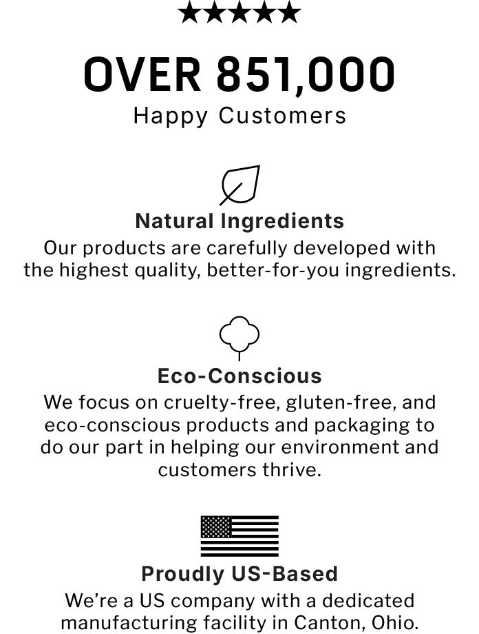 Over 851,000 Happy Customers.          Natural Ingredients Our products are carefully developed with the highest quality, better-for-you ingredients.              Eco-Conscious We focus on cruelty-free, gluten-free, and eco-conscious products and  packaging to do our part in helping our environment and customers  thrive.               Proudly US-Based We're a US company with a dedicated manufacturing facility in Canton, Ohio.