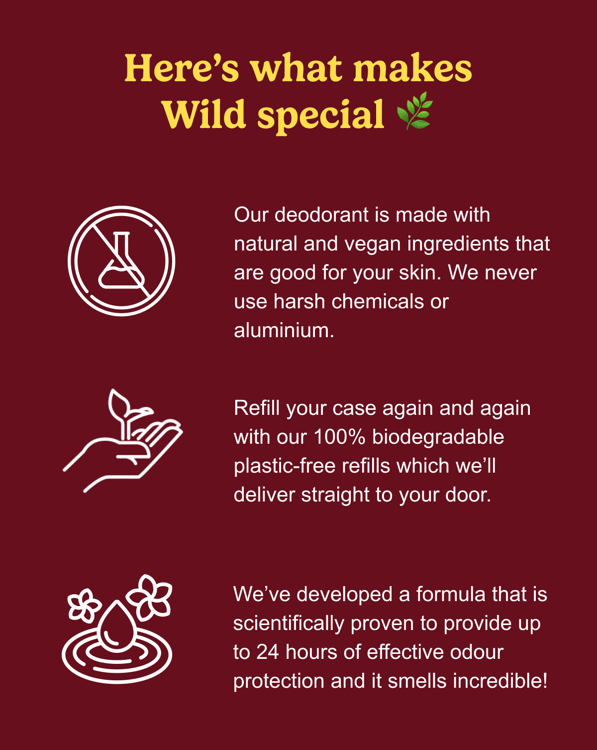 Here's what makes Wild special. Natural ingredients, refillable case and a formula that is proven to provide 24 hours of odour protection.